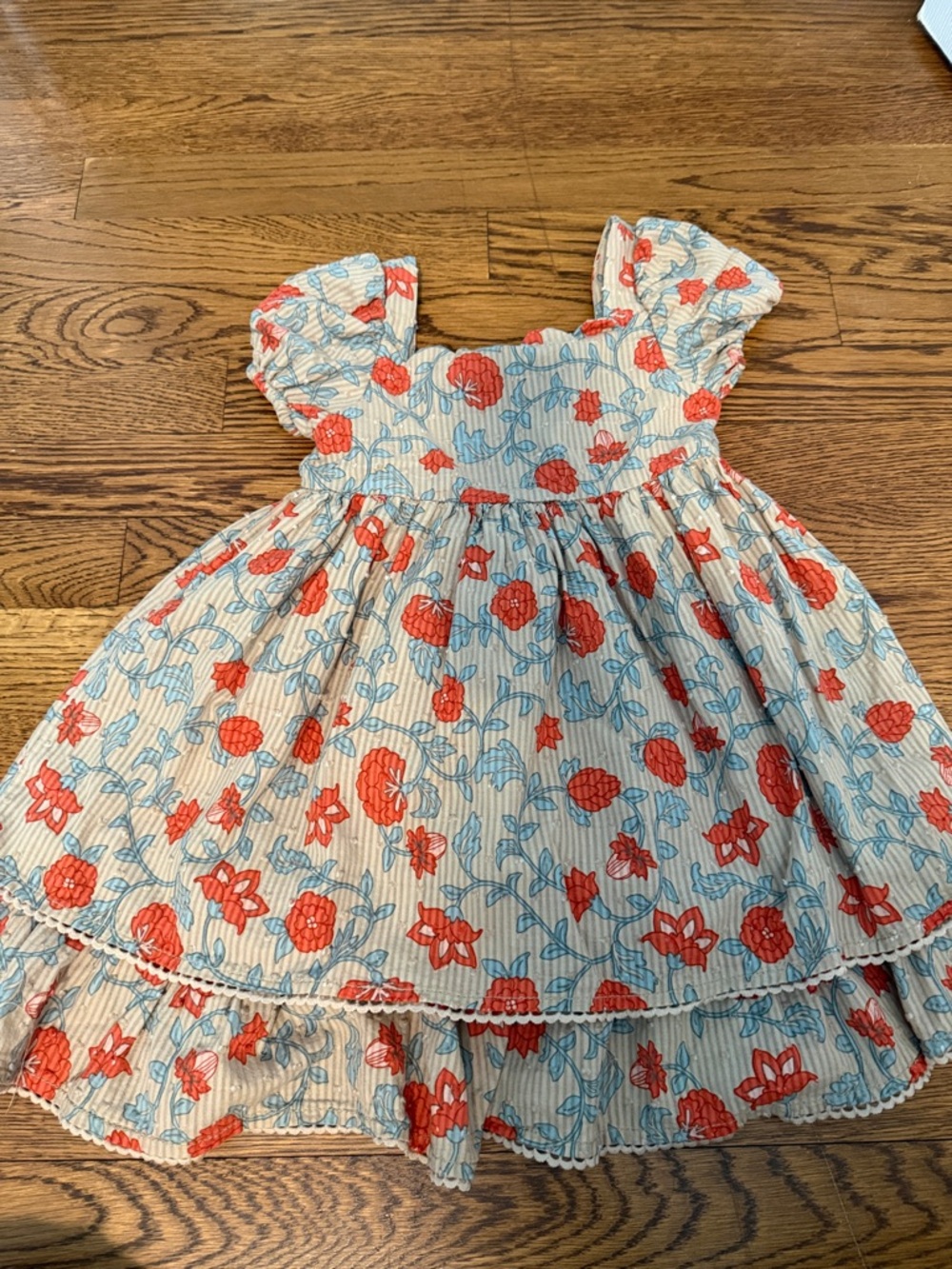 Cream Girls' Floral Sundress with Coral and Light Blue Print